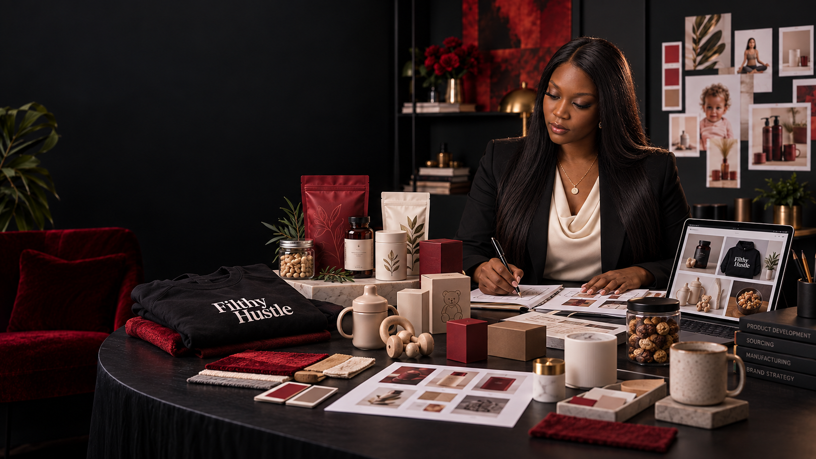 Vision to Venture Studios founder planning product businesses including wellness, clothing, baby products, food, branding, websites, and manufacturing